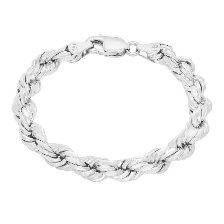 A 14K solid white gold rope bracelet with thick, twisted links and a lobster clasp closure; available in 3mm-5mm widths.