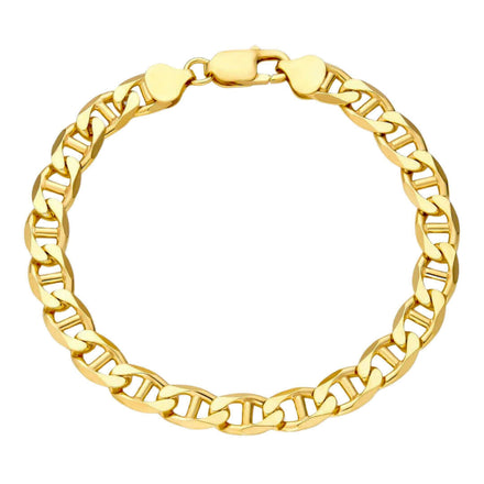 The Gold Mariner Bracelet - 3mm is crafted from 14K solid yellow gold with flat, interlocking links and a lobster clasp, shown in a circular shape on a white background.