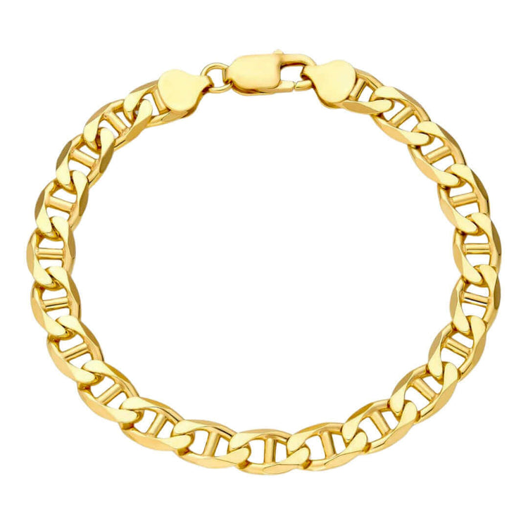 The Gold Mariner Bracelet - 3mm is crafted from 14K solid yellow gold with flat, interlocking links and a lobster clasp, shown in a circular shape on a white background.