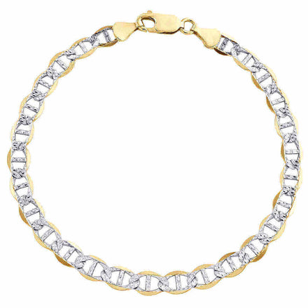 The Pave Mariner Bracelet - 4mm features alternating gold and silver oval links with a lobster clasp. This classic bracelet showcases shiny, textured circular links for an elegant look.