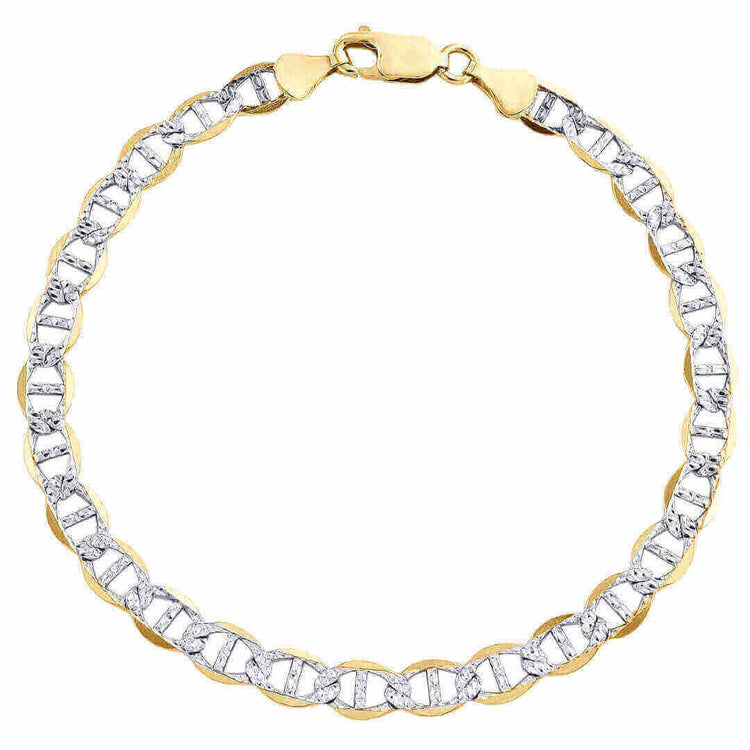 The Pave Mariner Bracelet - 4mm features alternating gold and silver oval links with a lobster clasp. This classic bracelet showcases shiny, textured circular links for an elegant look.