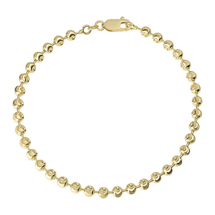 The Bead Bracelet - 4mm Moon Cut features small, round moon cut beads in a circular design, crafted from solid yellow gold with a secure lobster clasp.