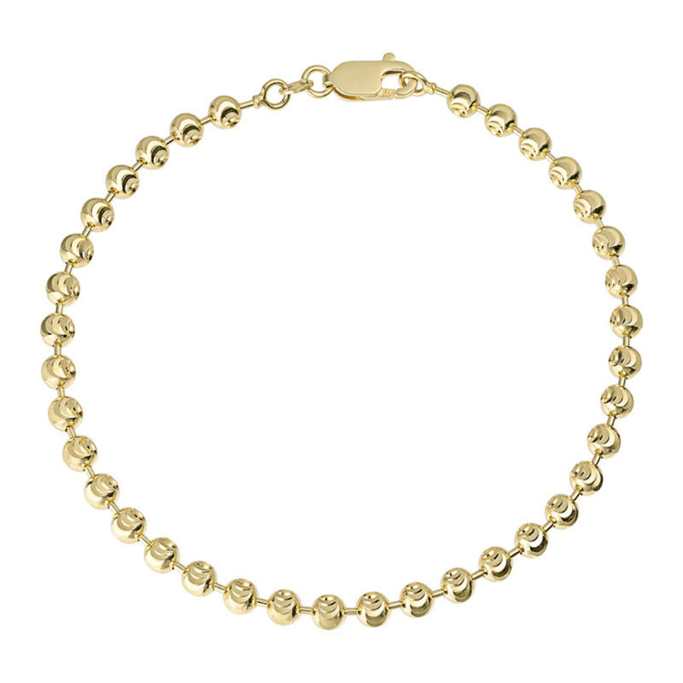 The Bead Bracelet - 4mm Moon Cut features small, round moon cut beads in a circular design, crafted from solid yellow gold with a secure lobster clasp.