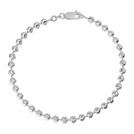 The White Gold Bead Bracelet - 5 mm Moon Cut features a lobster clasp and delicate beads, beautifully arranged in a circular shape on a white background.