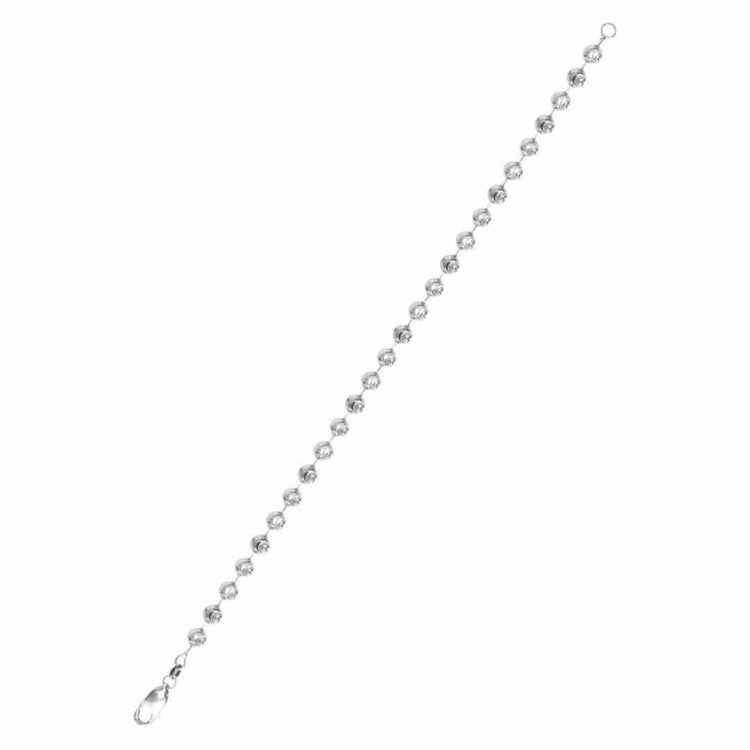 The White Gold Bead Bracelet - 5 mm Moon Cut features a single row of evenly spaced moon cut beads and a secure lobster clasp, showcased elegantly on a white background.