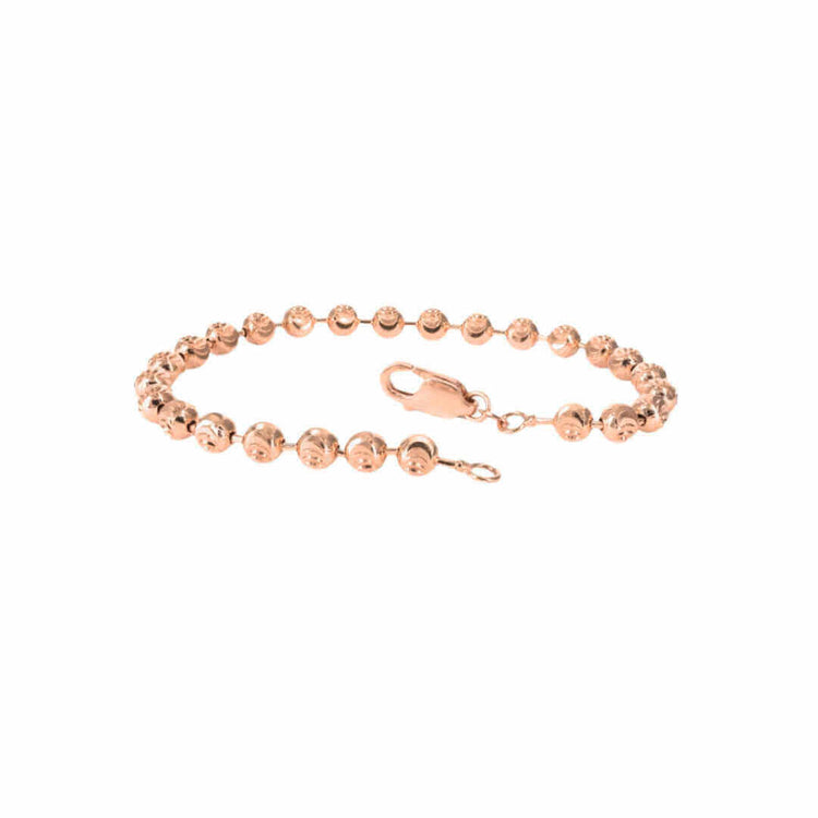 The Rose Gold Bead Bracelet - 4 mm Moon Cut features 14k rose gold moon cut beads and a lobster clasp, shown against a white background.