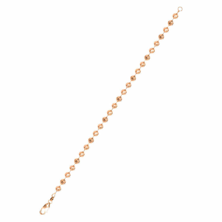 The Rose Gold Bead Bracelet - 4 mm Moon Cut is a delicate 14k rose gold piece featuring small, round moon-cut beads linked in a line, finished with a lobster clasp and small loop closure.