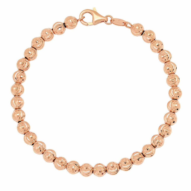 The Rose Gold Bead Bracelet - 4 mm Moon Cut is crafted in 14k rose gold, featuring polished round beads in a single strand and secured with a lobster clasp.