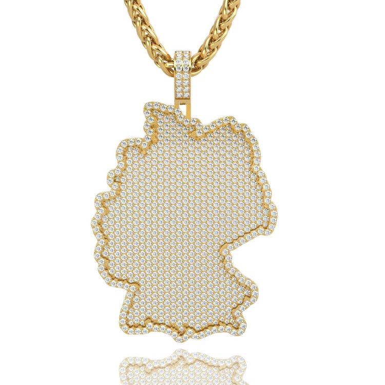 The 14k Gold Germany Map Pendant with Diamonds features a sparkling map design accented by diamonds and a detailed, textured border, perfect for making a statement on any gold chain.