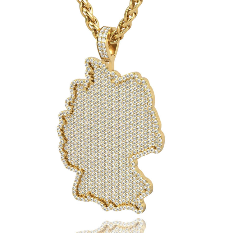 The 14k Gold Germany Map Pendant with Diamonds features a map-shaped design in 14K gold, accented with diamonds and suspended from a thick gold chain—a stylish piece that honors heritage.