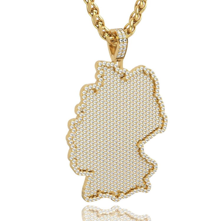 The 14k Gold Germany Map Pendant with Diamonds is a stylish gold chain necklace featuring a Germany map accented with clear stones for standout sparkle.