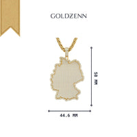 GoldZenn’s 14k Gold Germany Map Pendant with Diamonds dazzles with sparkling gems, measuring 58mm x 44.6mm, and is showcased on a crisp white background.