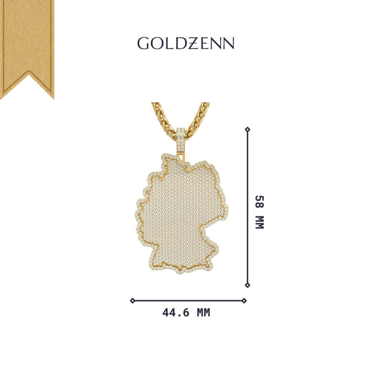 GoldZenn’s 14k Gold Germany Map Pendant with Diamonds dazzles with sparkling gems, measuring 58mm x 44.6mm, and is showcased on a crisp white background.
