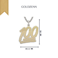 The Goldzenn 14k Two-Tone Gold '100' Emoji Pendant with Diamonds, measuring 44.6 mm wide by 58 mm tall, is displayed on a silver chain with the brand name above.