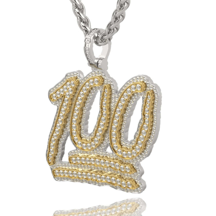 The 14k Two-Tone Gold '100' Emoji Pendant with Diamonds features sparkling gems in a bold '100' design, symbolizing authenticity and style—a standout piece that upgrades any look.