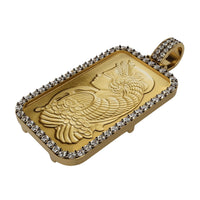 The 24K Suisse 1 Oz Gold Bar Pendant features a rectangular gold design inspired by classic PAMP Suisse, engraved with a female profile, bordered by small diamonds and finished with a diamond-studded bail.
