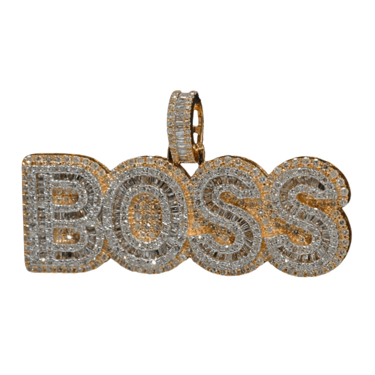 The Boss Diamond Pendant - 14k Yellow Gold spells out BOSS, encrusted with natural diamonds and features a diamond-studded loop for easy attachment to your favorite chain.