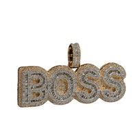The Boss Diamond Pendant - 14k Yellow Gold features natural diamonds spelling "BOSS" in bold letters and a diamond-studded loop, perfect for attaching to your favorite chain.