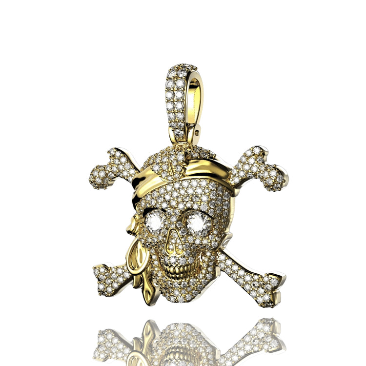 The 14K Gold Diamond Pirate Skull Pendant features a pirate skull and crossbones with a gold headscarf and earring, fully encrusted with sparkling diamonds, set against a white background.