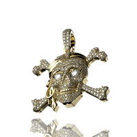 The 14K Gold Diamond Pirate Skull Pendant features a skull and crossbones design with sparkling diamonds, plus a bandana and eye patch for a bold pirate look. This pendant shines brightly against a white background.