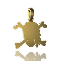 A 14K Gold Diamond Pirate Skull Pendant featuring a pirate skull with two crossed bones behind it, displayed on a white background with a subtle reflection below.
