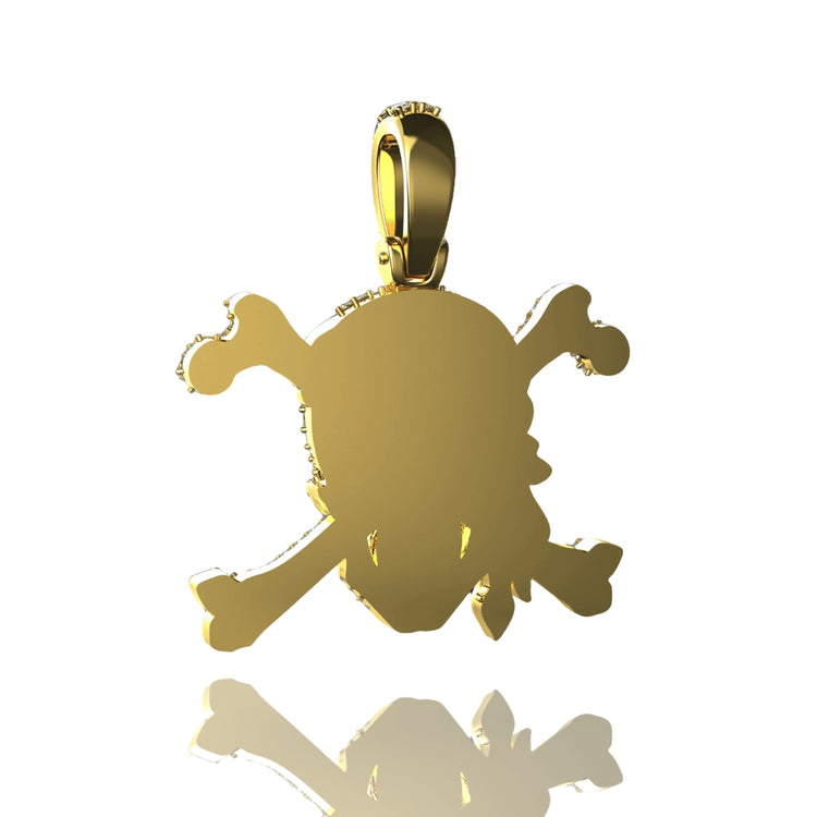 A 14K Gold Diamond Pirate Skull Pendant featuring a pirate skull with two crossed bones behind it, displayed on a white background with a subtle reflection below.