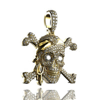 The 14K Gold Diamond Pirate Skull Pendant features a pirate skull with crossbones, headscarf, earring, and glittering diamonds on a white background.