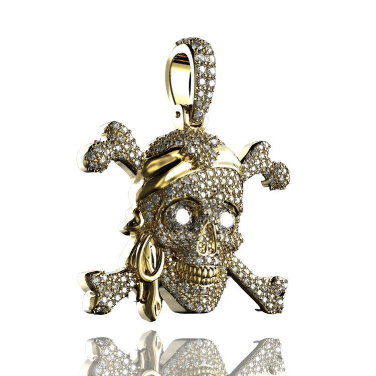 The 14K Gold Diamond Pirate Skull Pendant features a pirate skull with crossbones, headscarf, earring, and glittering diamonds on a white background.