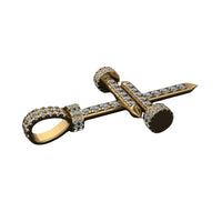 The Diamond Nail Cross Pendant – 14K Gold showcases two crossed nails adorned with sparkling round diamonds along their length, beautifully captured against a white background.