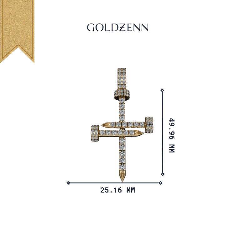 The Diamond Nail Cross Pendant – 14K Gold, measuring 49.96 mm tall by 25.16 mm wide, is displayed under the GOLDZENN logo on a white background with a gold ribbon in the top left corner.