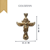The 14K Gold Jesus Wing Cross Diamond Pendant features outstretched wings adorned with stones, measures 61.95 mm tall by 45.41 mm wide, and is shown with GOLDZENN above on a white background.