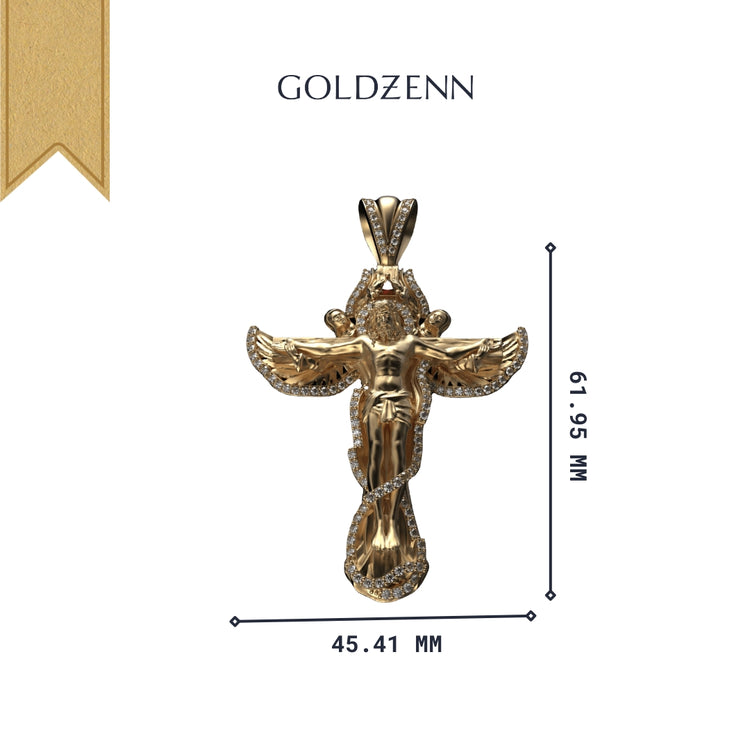The 14K Gold Jesus Wing Cross Diamond Pendant features outstretched wings adorned with stones, measures 61.95 mm tall by 45.41 mm wide, and is shown with GOLDZENN above on a white background.