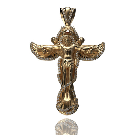 The 14K Gold Jesus Wing Cross Diamond Pendant features an angel with outstretched wings, detailed with sparkling diamonds along the edges, set against a white background.