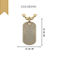 The GOLDZENN Diamond Dog Tag Pendant – 14K features a rectangular, pavé diamond dog tag (32mm x 18mm) on a gold chain. The pendant displays the brand name above the elegant design.