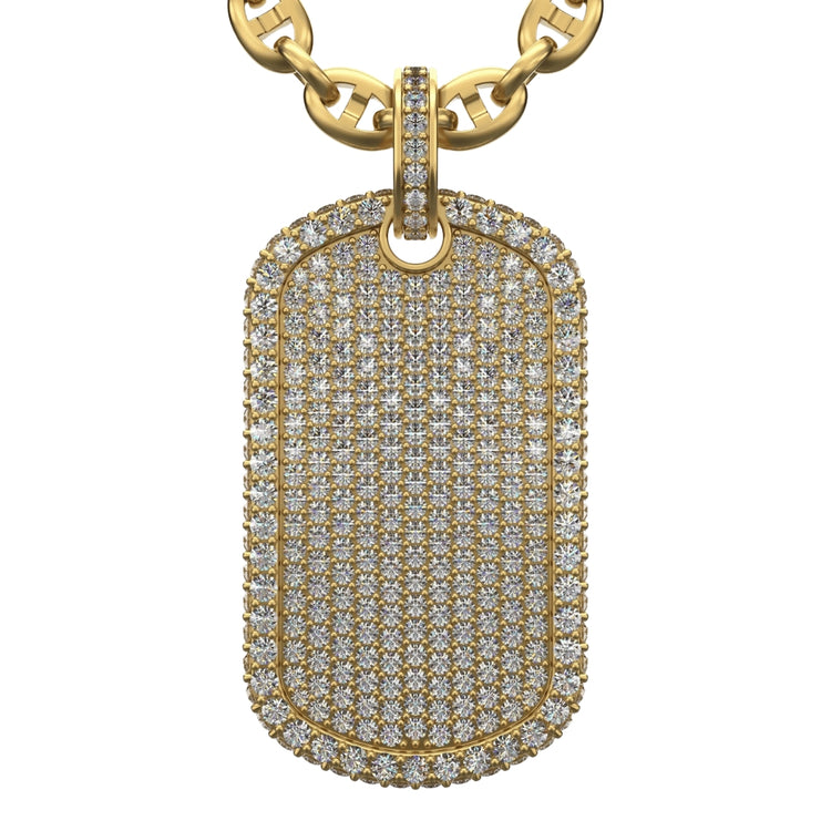 The Diamond Dog Tag Pendant – 14K features rows of sparkling diamonds and a diamond-outlined border and upper loop, all hanging from a thick gold chain.