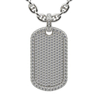 The Diamond Dog Tag Pendant – 14K features a polished, elegant design with rounded edges and sparkling diamonds, hanging from a thick silver chain with interlocking links.