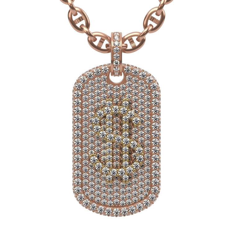 The 14K Diamond Dollar Sign Dog Tag Pendant features a rectangular gold dog tag encrusted with natural diamonds and a bold dollar sign at the center, making it a standout gold chain necklace.