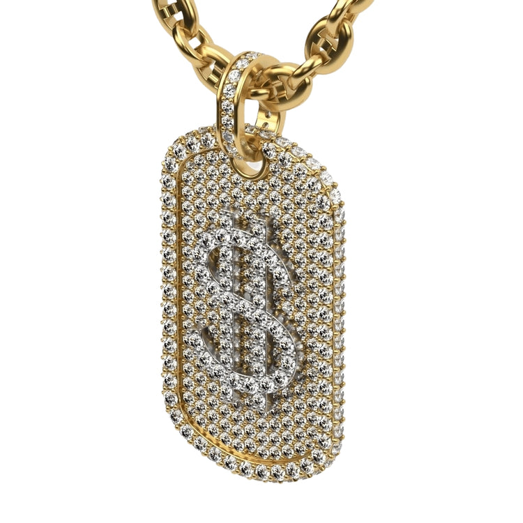 The 14K Diamond Dollar Sign Dog Tag Pendant is a gold necklace featuring a rectangular dog tag encrusted with diamonds and a raised dollar sign, showcasing the brilliance of natural diamond jewelry.