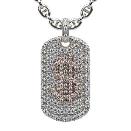 The 14K Diamond Dollar Sign Dog Tag Pendant features a silver chain and a rectangular pendant adorned with natural diamonds, with a bold dollar sign ($) design crafted from diamonds at the center.