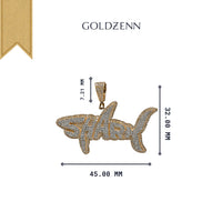 The Shark Diamond Pendant – 14K Gold features dazzling diamonds set in a shark shape with “SHARK” cutout and GOLDZENN detail. Sized 45mm x 32mm with a 7.21mm bail, it’s an eye-catching gold men’s pendant.