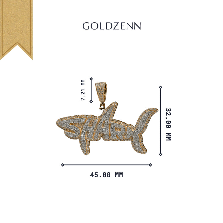 The Shark Diamond Pendant – 14K Gold features dazzling diamonds set in a shark shape with “SHARK” cutout and GOLDZENN detail. Sized 45mm x 32mm with a 7.21mm bail, it’s an eye-catching gold men’s pendant.