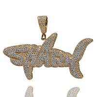 The Shark Diamond Pendant – 14K Gold is a bold men's pendant encrusted with sparkling diamonds, featuring the word SHARK seamlessly integrated into the design.