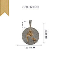 The Jesus Piece Diamond Pendant – 14K is a round gold and silver pendant with a raised figure, measuring 45.84mm tall, 32.60mm wide, and featuring an 8.79mm bail. GOLDZENN is displayed above this striking men's gold pendant on a white background.