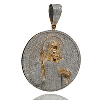 Introducing the Jesus Piece Diamond Pendant – 14K: a circular solid gold pendant showcasing a diamond-adorned depiction of Christ with halo, set on a sparkling diamond-encrusted background and finished with a gold loop for your chain.