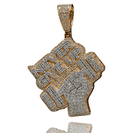 The Diamond 'Never Give Up' Pendant – 14K features a bold raised fist in yellow gold, diamond-encrusted and engraved with NEVER GIVE UP—a powerful piece of men's inspirational jewelry.