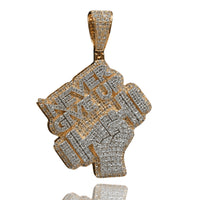 The Diamond 'Never Give Up' Pendant – 14K features a raised fist clutching a barbell with “NEVER GIVE UP” inscribed above, symbolizing perseverance and strength—ideal inspirational jewelry for men.