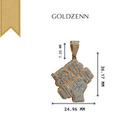 The Diamond 'Never Give Up' Pendant – 14K is a men's inspirational jewelry piece in yellow gold with diamonds, featuring gym weights, measuring 36.17 x 24.96 x 7.25 mm, and displays the GOLZDENN brand at the top.