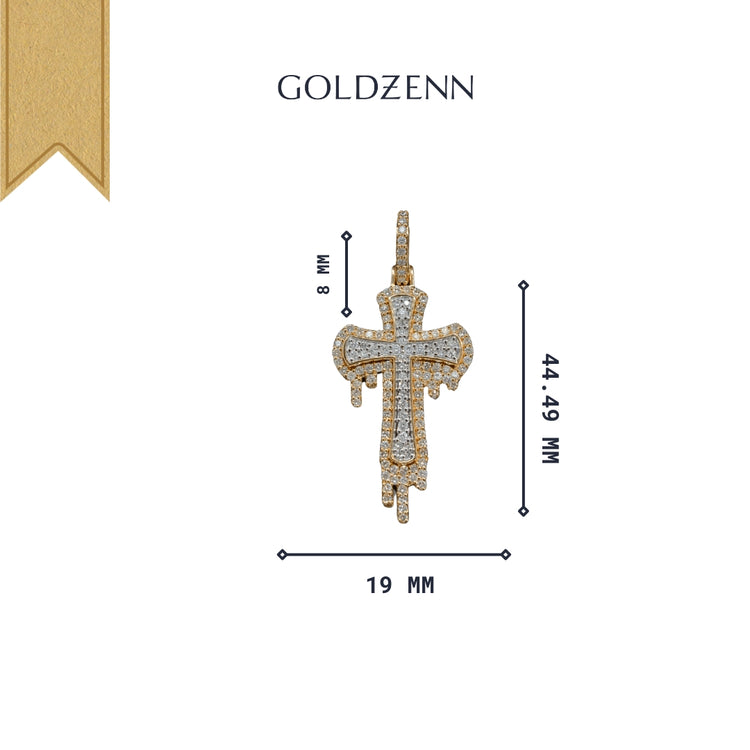 The Dripping Cross Diamond Pendant - 14k showcases a gold and silver cross set with sparkling diamonds, making it a stylish and elegant gold pendant for men.