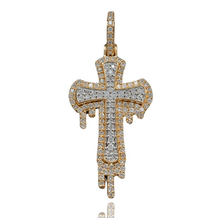 The Dripping Cross Diamond Pendant - 14k features a unique dripping design with sparkling diamonds on yellow gold, created for men and showcased against a white background.