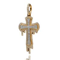 The Dripping Cross Diamond Pendant - 14k features a bold dripping design, outlined with diamonds and a diamond-studded bail—making this yellow gold pendant an eye-catching choice for men.